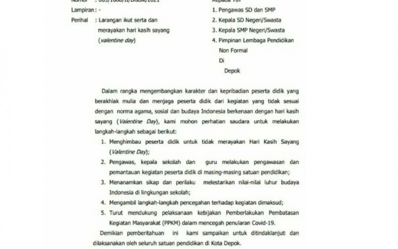 Disdik Kota Depok Larang Pelajar Rayakan Hari Valentine