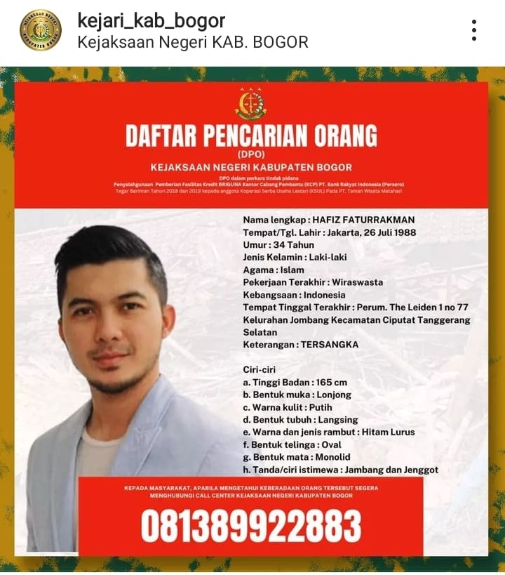 Adik Irwansyah Masuk DPO Kejari Kabupaten Bogor : Kerugian Negaranya Rp 3,3 Miliar