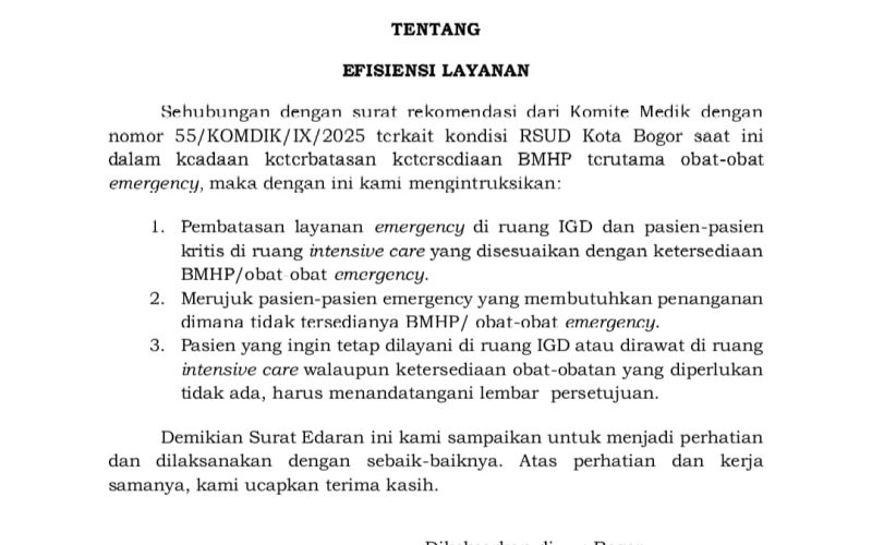 Gawat, RSUD Kota Bogor Darurat Layanan dan Obat, Dirut Keluarkan Edaran Efisiensi Layanan