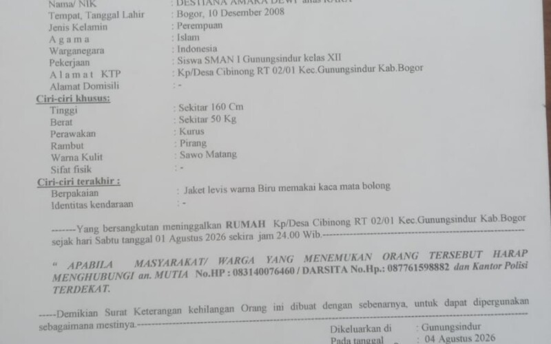 Sudah Tiga Hari Tidak Pulang, Pelajar Asal Gunungsindur Dilaporkan Hilang